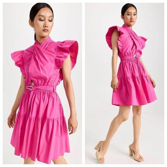 Derek Lam 10 Crosby Finn Ruffle Wrap Mini Dress Pink Womens Size 44 US 10 - Picture 1 of 15